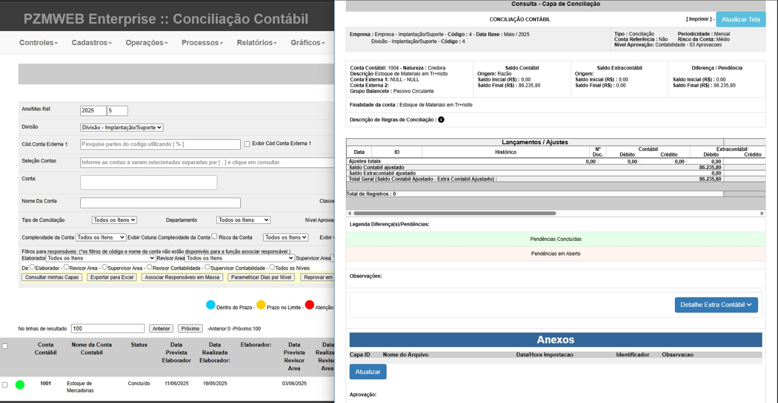 Detalhe da tela original do PZM Enterprise, com filtros de responsáveis, status e capa de conciliação.