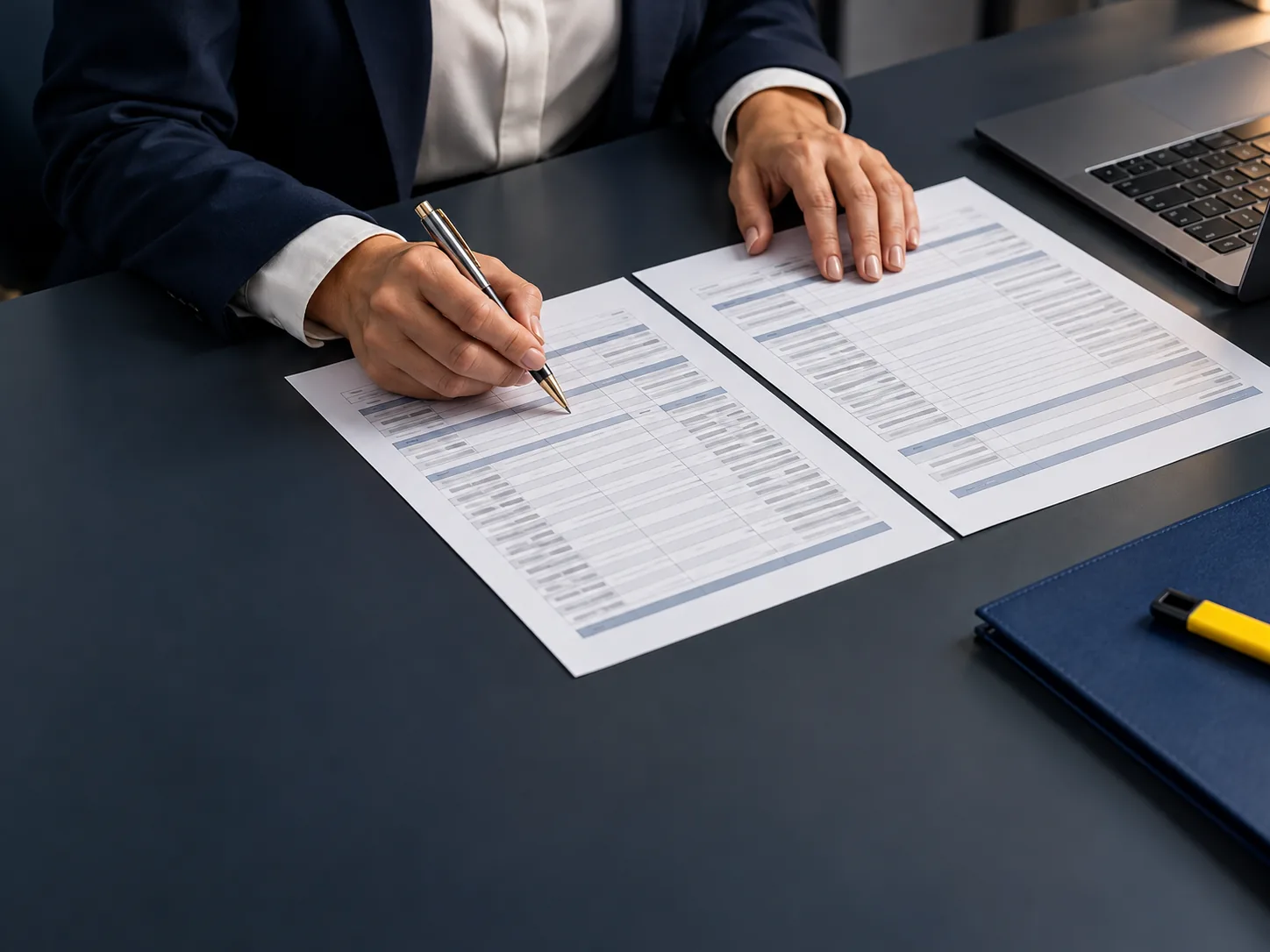 Conferência de dois relatórios financeiros sobre uma mesa de trabalho.